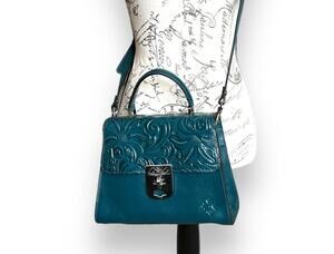 New Patricia Nash Chauny Floral Tooled Leather Satchel Handbag Purse Blue Coral
